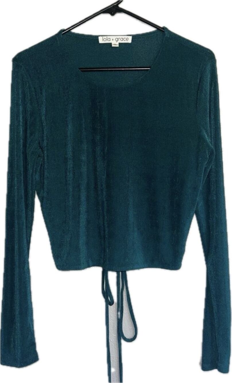 Lola & Grace Sparkly Teal Long Sleeve Cinch Front Y2K Blouse Size Large